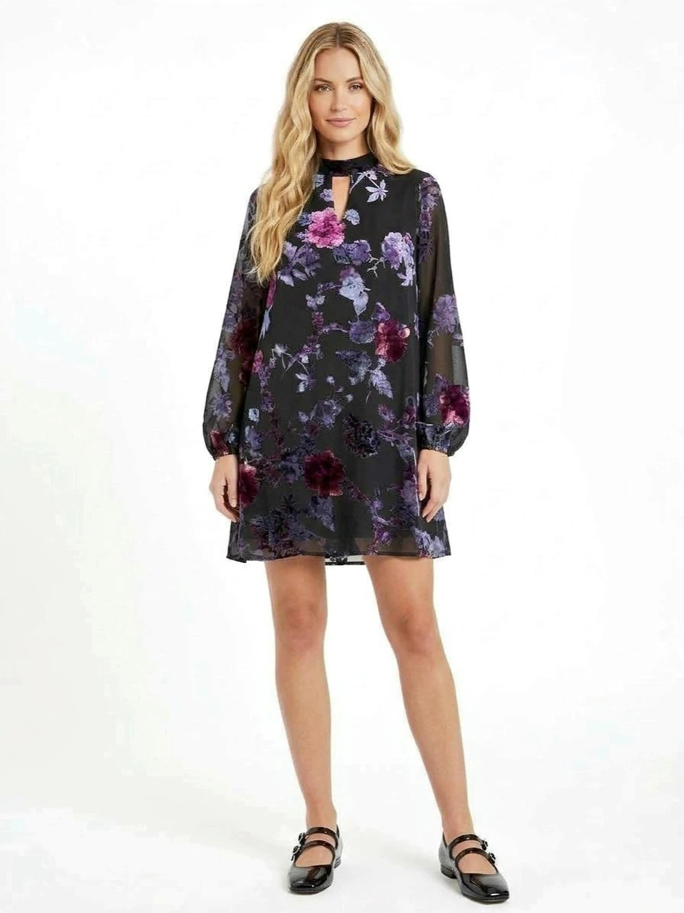 Chelsea & Violet Floral Velvet Burnout Shift Dress S Black Purple Mock Neck Mini